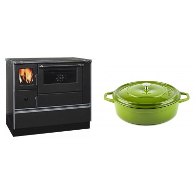Set Küchenofen / Küchenhexe mit Backofen und Kochplatte Alfa Plam, Modell Dominant 90H, Leistung 6.5kW + Gusseisen Topf Flach Solagio, Bamboo, Ф28 - Kaminofen - Holzofen mit Backfach