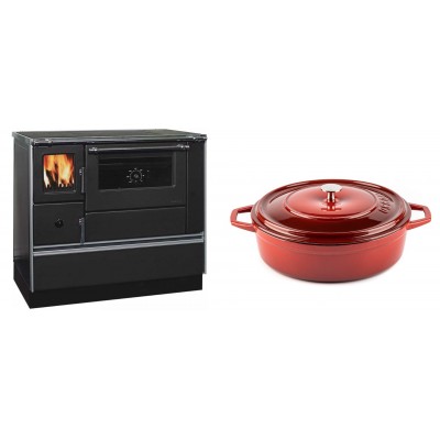 Set Küchenofen / Küchenhexe mit Backofen und Kochplatte Alfa Plam, Modell Dominant 90H, Leistung 6.5kW + Gusseisen Topf Flach Solagio, Rubin, Ф28 - Kaminofen - Holzofen mit Backfach