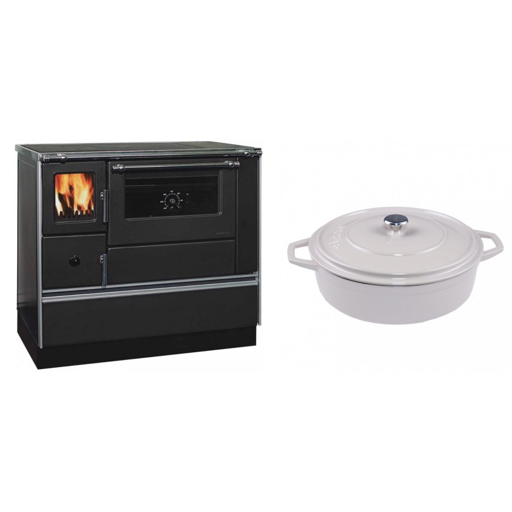 Set Küchenofen / Küchenhexe mit Backofen und Kochplatte Alfa Plam, Modell Dominant 90H, Leistung 6.5kW + Gusseisen Topf Flach Solagio, Ivory, Ф28