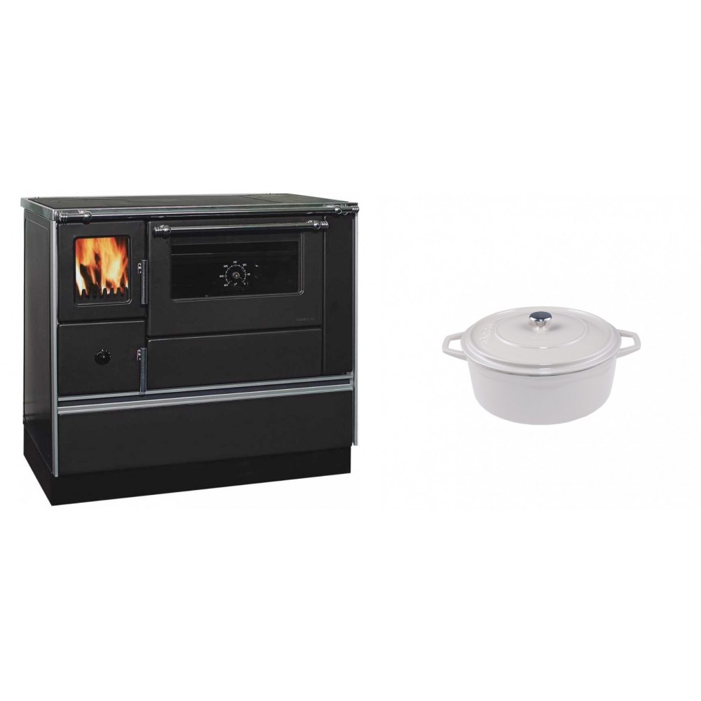 Set Küchenofen / Küchenhexe mit Backofen und Kochplatte Alfa Plam, Modell Dominant 90H, Leistung 6.5kW + Gusseisen Topf Tiefer Solagio, Ivory, Ф12 | Kaminofen - Holzofen mit Backfach | Kaminofen |