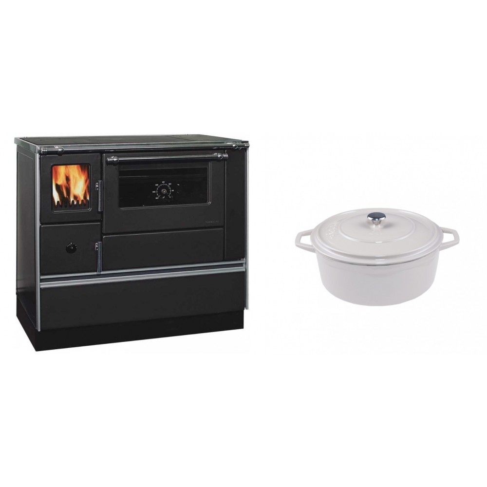 Set Küchenofen / Küchenhexe mit Backofen und Kochplatte Alfa Plam, Modell Dominant 90H, Leistung 6.5kW + Gusseisen Topf Tiefer Solagio, Ivory, Ф20 | Kaminofen - Holzofen mit Backfach | Kaminofen |
