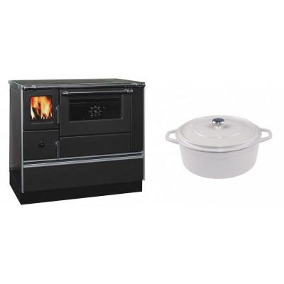 Set Küchenofen / Küchenhexe mit Backofen und Kochplatte Alfa Plam, Modell Dominant 90H, Leistung 6.5kW + Gusseisen Topf Tiefer Solagio, Ivory, Ф24 - Kaminofen - Holzofen mit Backfach