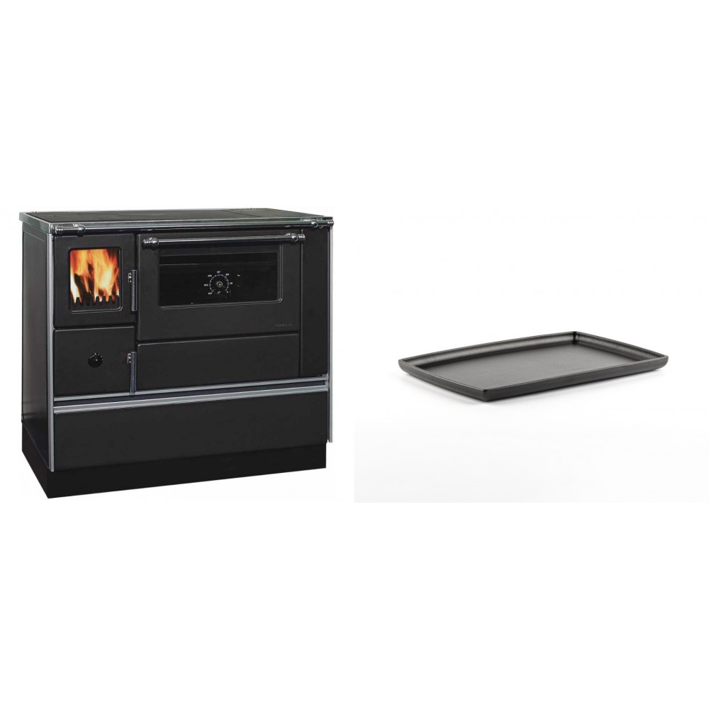 Set Küchenofen / Küchenhexe mit Backofen und Kochplatte Alfa Plam, Modell Dominant 90H, Leistung 6.5kW + Rechteckige Servierplatte aus Gusseisen Solagio, 21x31cm