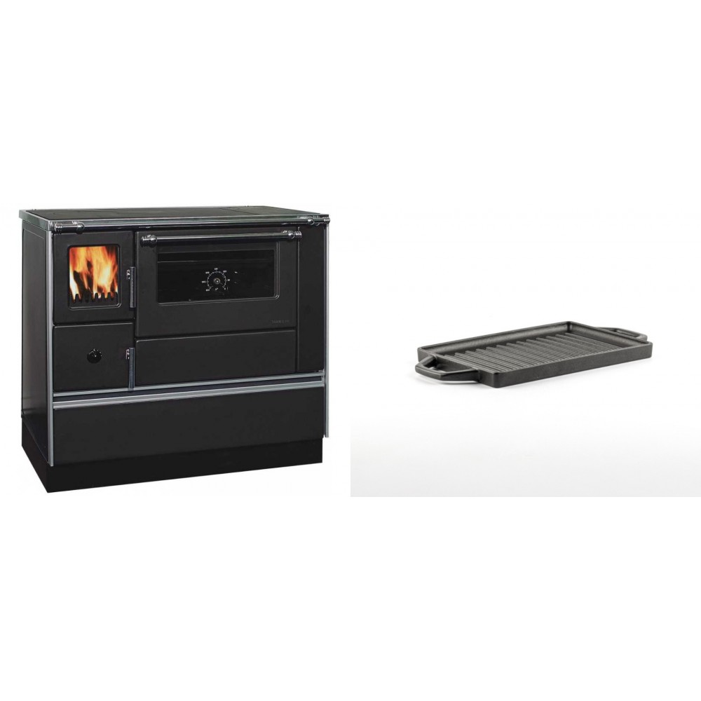 Set Küchenofen / Küchenhexe mit Backofen und Kochplatte Alfa Plam, Modell Dominant 90H, Leistung 6.5kW + Mini-Grillplatte aus Gusseisen Solagio, 15.5x22.5cm | Kaminofen - Holzofen mit Backfach | Kaminofen |
