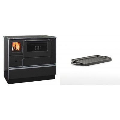 Set Küchenofen / Küchenhexe mit Backofen und Kochplatte Alfa Plam, Modell Dominant 90H, Leistung 6.5kW + Mini-Grillplatte aus Gusseisen Solagio, 15.5x22.5cm - Kaminofen - Holzofen mit Backfach