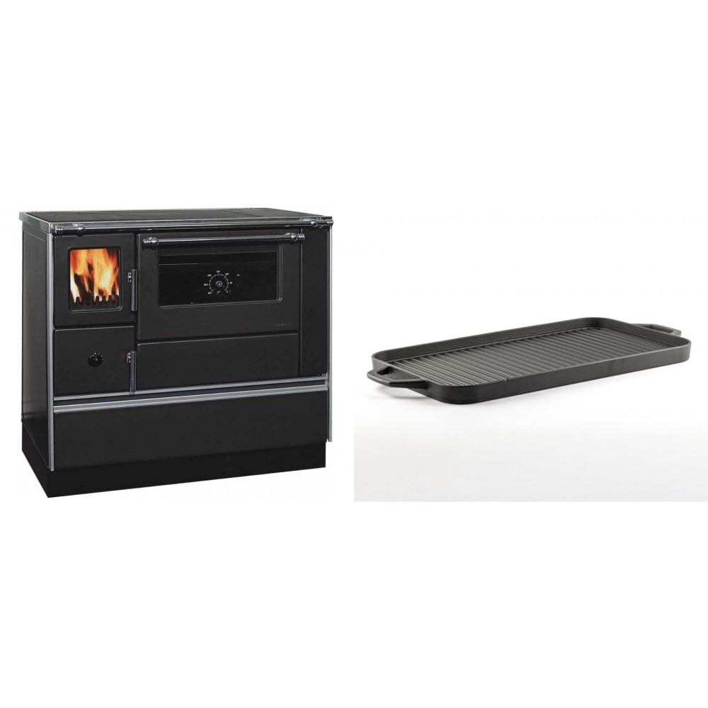 Set Küchenofen / Küchenhexe mit Backofen und Kochplatte Alfa Plam, Modell Dominant 90H, Leistung 6.5kW + Große Grillplatte aus Gusseisen Solagio, 25x44cm