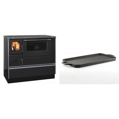Set Küchenofen / Küchenhexe mit Backofen und Kochplatte Alfa Plam, Modell Dominant 90H, Leistung 6.5kW + Große Grillplatte aus Gusseisen Solagio, 25x44cm - Kaminofen - Holzofen mit Backfach