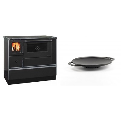Set Küchenofen / Küchenhexe mit Backofen und Kochplatte Alfa Plam, Modell Dominant 90H, Leistung 6.5kW + Backplatte aus Gusseisen Solagio, Ф28cm - Kaminofen - Holzofen mit Backfach