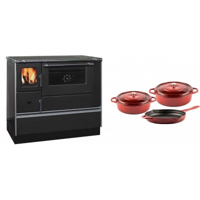 Set Küchenofen / Küchenhexe mit Backofen und Kochplatte Alfa Plam, Modell Dominant 90H, Leistung 6.5kW + Gusseisen Topf Set aus 3 teilen Solagio, Rubin - Kaminofen - Holzofen mit Backfach
