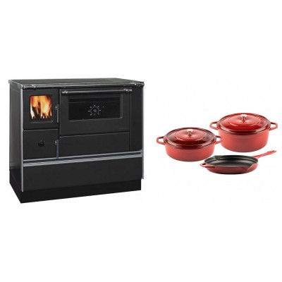 Set Küchenofen / Küchenhexe mit Backofen und Kochplatte Alfa Plam, Modell Dominant 90H, Leistung 6.5kW + Gusseisen Topf Set aus 3 teilen Solagio, Rubin - Kaminofen - Holzofen mit Backfach
