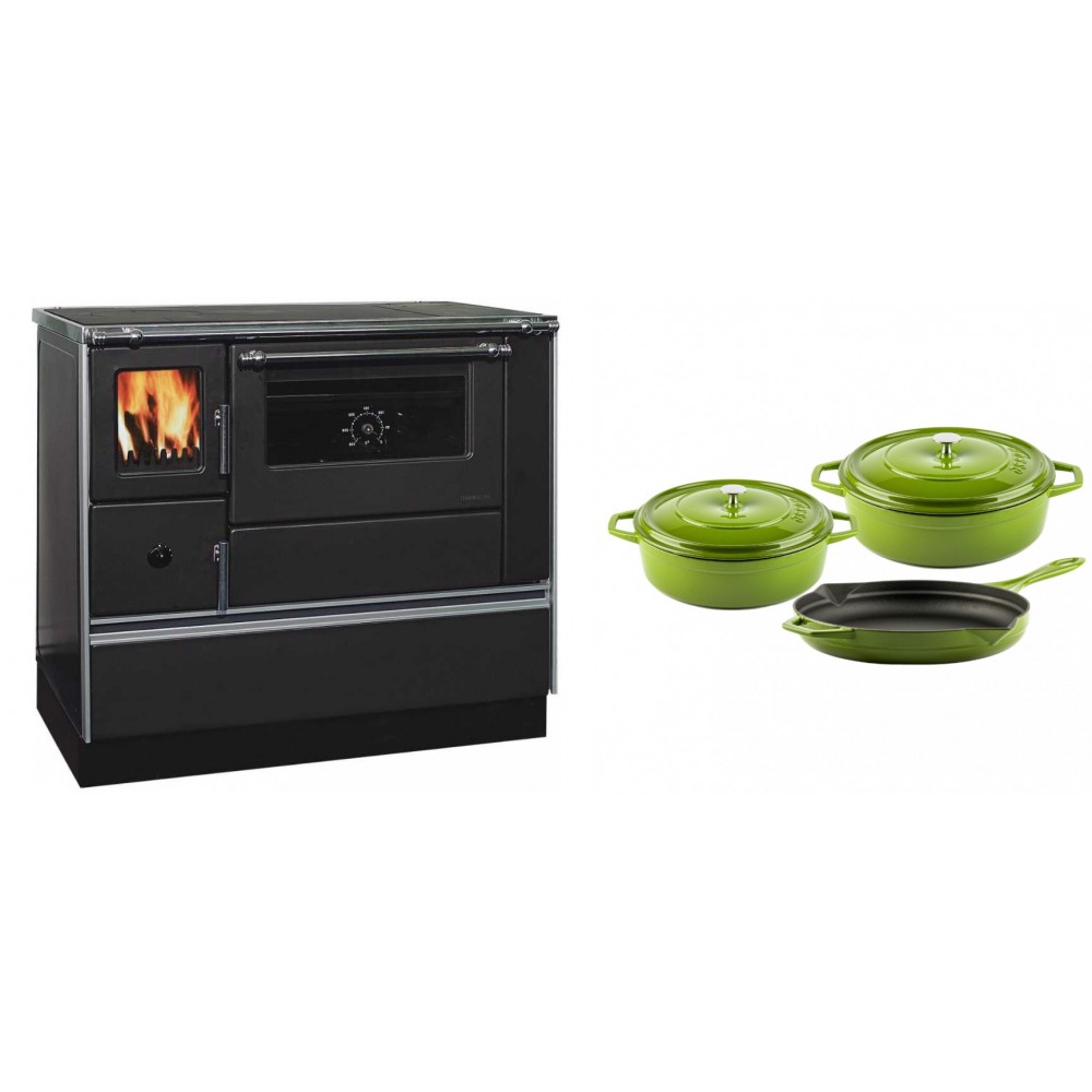 Set Küchenofen / Küchenhexe mit Backofen und Kochplatte Alfa Plam, Modell Dominant 90H, Leistung 6.5kW + Gusseisen Topf Set aus 3 teilen Solagio, Bamboo