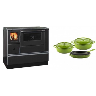 Set Küchenofen / Küchenhexe mit Backofen und Kochplatte Alfa Plam, Modell Dominant 90H, Leistung 6.5kW + Gusseisen Topf Set aus 3 teilen Solagio, Bamboo - Kaminofen - Holzofen mit Backfach