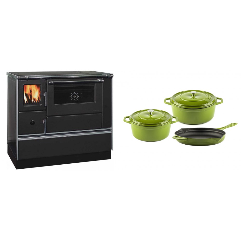 Set Küchenofen / Küchenhexe mit Backofen und Kochplatte Alfa Plam, Modell Dominant 90H, Leistung 6.5kW + Gusseisen Topf Set aus 3 teilen Solagio, Bamboo