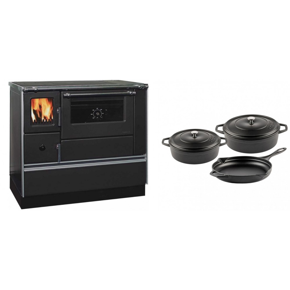 Set Küchenofen / Küchenhexe mit Backofen und Kochplatte Alfa Plam, Modell Dominant 90H, Leistung 6.5kW + Gusseisen Topf Set aus 3 teilen Solagio, Black Onyx