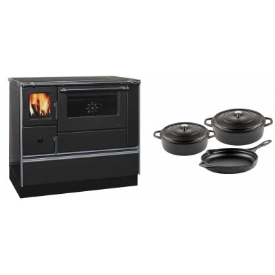 Set Küchenofen / Küchenhexe mit Backofen und Kochplatte Alfa Plam, Modell Dominant 90H, Leistung 6.5kW + Gusseisen Topf Set aus 3 teilen Solagio, Black Onyx - Kaminofen - Holzofen mit Backfach