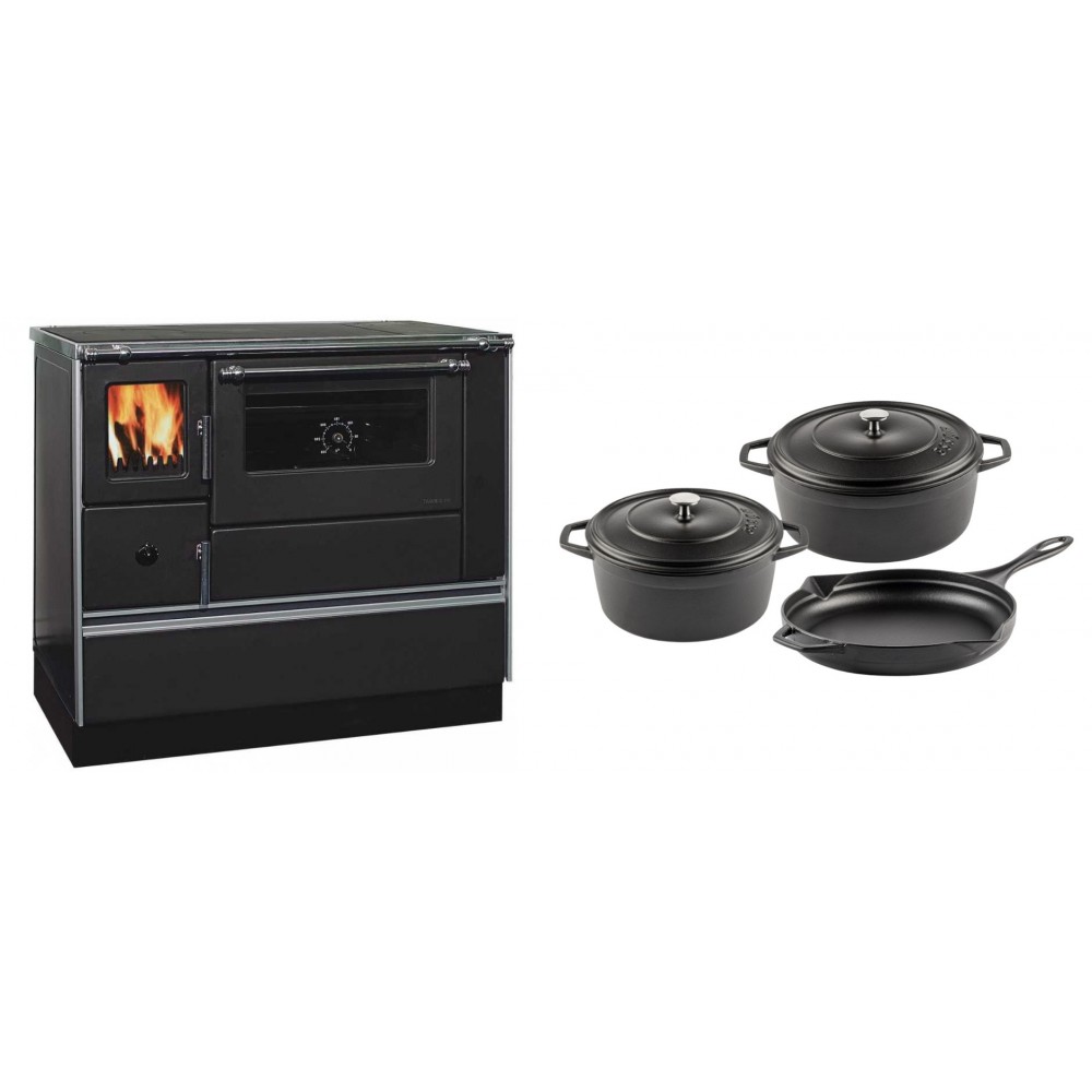 Set Küchenofen / Küchenhexe mit Backofen und Kochplatte Alfa Plam, Modell Dominant 90H, Leistung 6.5kW + Gusseisen Topf Set aus 3 teilen Solagio, Black Onyx