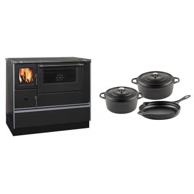 Set Küchenofen / Küchenhexe mit Backofen und Kochplatte Alfa Plam, Modell Dominant 90H, Leistung 6.5kW + Gusseisen Topf Set aus 3 teilen Solagio, Black Onyx - Kaminofen - Holzofen mit Backfach