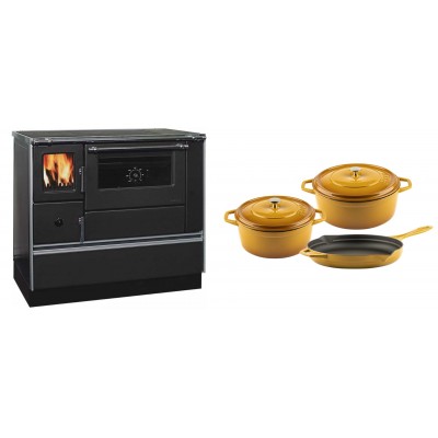 Set Küchenofen / Küchenhexe mit Backofen und Kochplatte Alfa Plam, Modell Dominant 90H, Leistung 6.5kW + Gusseisen Topf Set aus 3 teilen Solagio, Dijon - Kaminofen - Holzofen mit Backfach