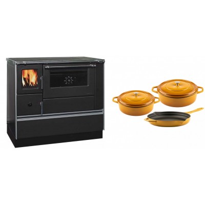Set Küchenofen / Küchenhexe mit Backofen und Kochplatte Alfa Plam, Modell Dominant 90H, Leistung 6.5kW + Gusseisen Topf Set aus 3 teilen Solagio, Dijon - Kaminofen - Holzofen mit Backfach
