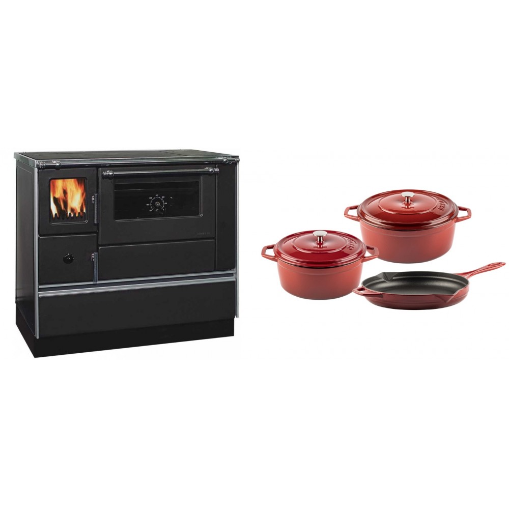 Set Küchenofen / Küchenhexe mit Backofen und Kochplatte Alfa Plam, Modell Dominant 90H, Leistung 6.5kW + Gusseisen Topf Set aus 3 teilen Solagio, Rubin