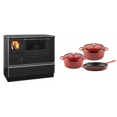 Set Küchenofen / Küchenhexe mit Backofen und Kochplatte Alfa Plam, Modell Dominant 90H, Leistung 6.5kW + Gusseisen Topf Set aus 3 teilen Solagio, Rubin - Kaminofen - Holzofen mit Backfach
