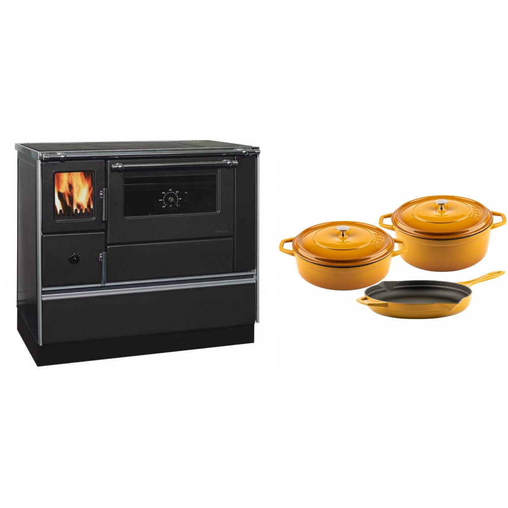 Set Küchenofen / Küchenhexe mit Backofen und Kochplatte Alfa Plam, Modell Dominant 90H, Leistung 6.5kW + Gusseisen Topf Set aus 3 teilen Solagio, Dijon