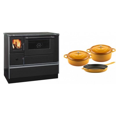 Set Küchenofen / Küchenhexe mit Backofen und Kochplatte Alfa Plam, Modell Dominant 90H, Leistung 6.5kW + Gusseisen Topf Set aus 3 teilen Solagio, Dijon - Kaminofen - Holzofen mit Backfach