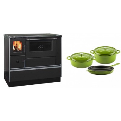 Set Küchenofen / Küchenhexe mit Backofen und Kochplatte Alfa Plam, Modell Dominant 90H, Leistung 6.5kW + Gusseisen Topf Set aus 3 teilen Solagio, Bamboo - Kaminofen - Holzofen mit Backfach