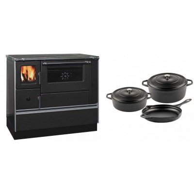 Set Küchenofen / Küchenhexe mit Backofen und Kochplatte Alfa Plam, Modell Dominant 90H, Leistung 6.5kW + Gusseisen Topf Set aus 3 teilen Solagio, Black Onyx - Kaminofen - Holzofen mit Backfach