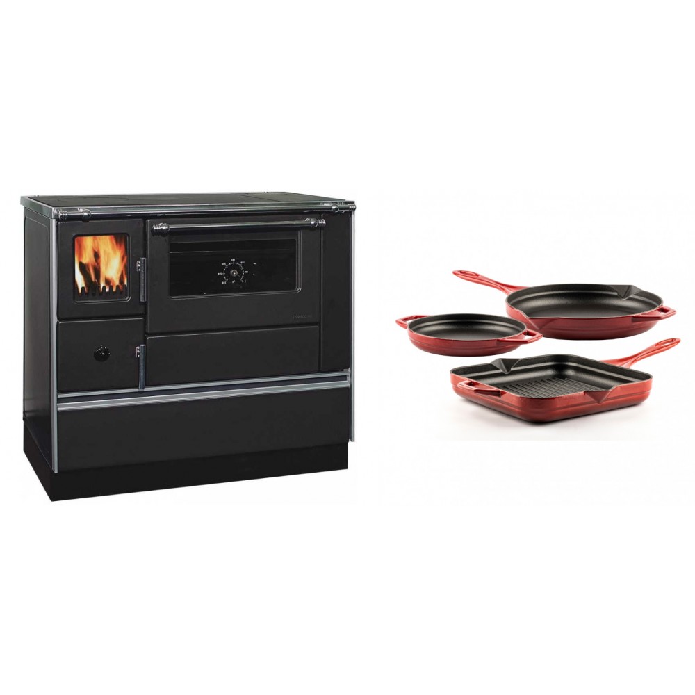 Set Küchenofen / Küchenhexe mit Backofen und Kochplatte Alfa Plam, Modell Dominant 90H, Leistung 6.5kW + Gusseisen Topf Set aus 3 teilen Solagio, Rubin | Kaminofen - Holzofen mit Backfach | Kaminofen |