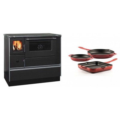 Set Küchenofen / Küchenhexe mit Backofen und Kochplatte Alfa Plam, Modell Dominant 90H, Leistung 6.5kW + Gusseisen Topf Set aus 3 teilen Solagio, Rubin - Kaminofen - Holzofen mit Backfach