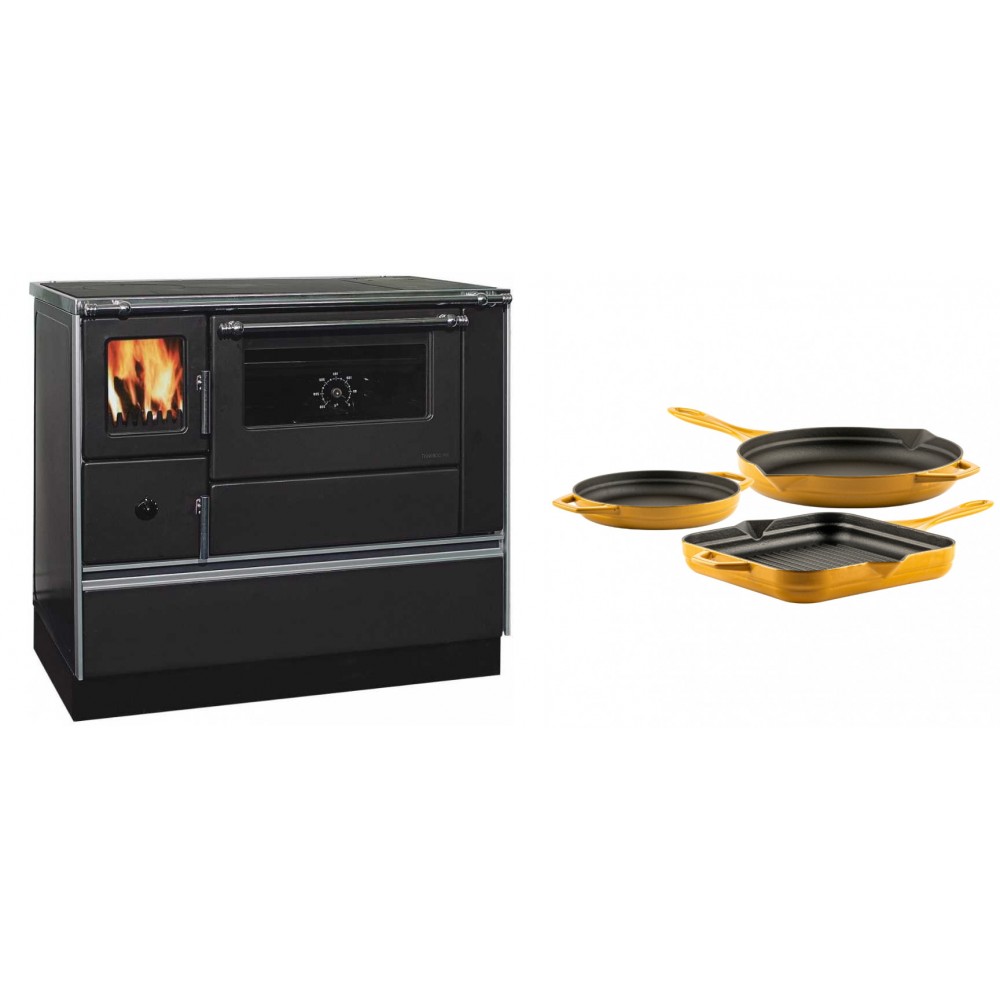 Set Küchenofen / Küchenhexe mit Backofen und Kochplatte Alfa Plam, Modell Dominant 90H, Leistung 6.5kW + Gusseisen Topf Set aus 3 teilen Solagio, Dijon | Kaminofen - Holzofen mit Backfach | Kaminofen |
