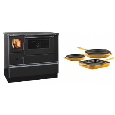 Set Küchenofen / Küchenhexe mit Backofen und Kochplatte Alfa Plam, Modell Dominant 90H, Leistung 6.5kW + Gusseisen Topf Set aus 3 teilen Solagio, Dijon - Kaminofen - Holzofen mit Backfach