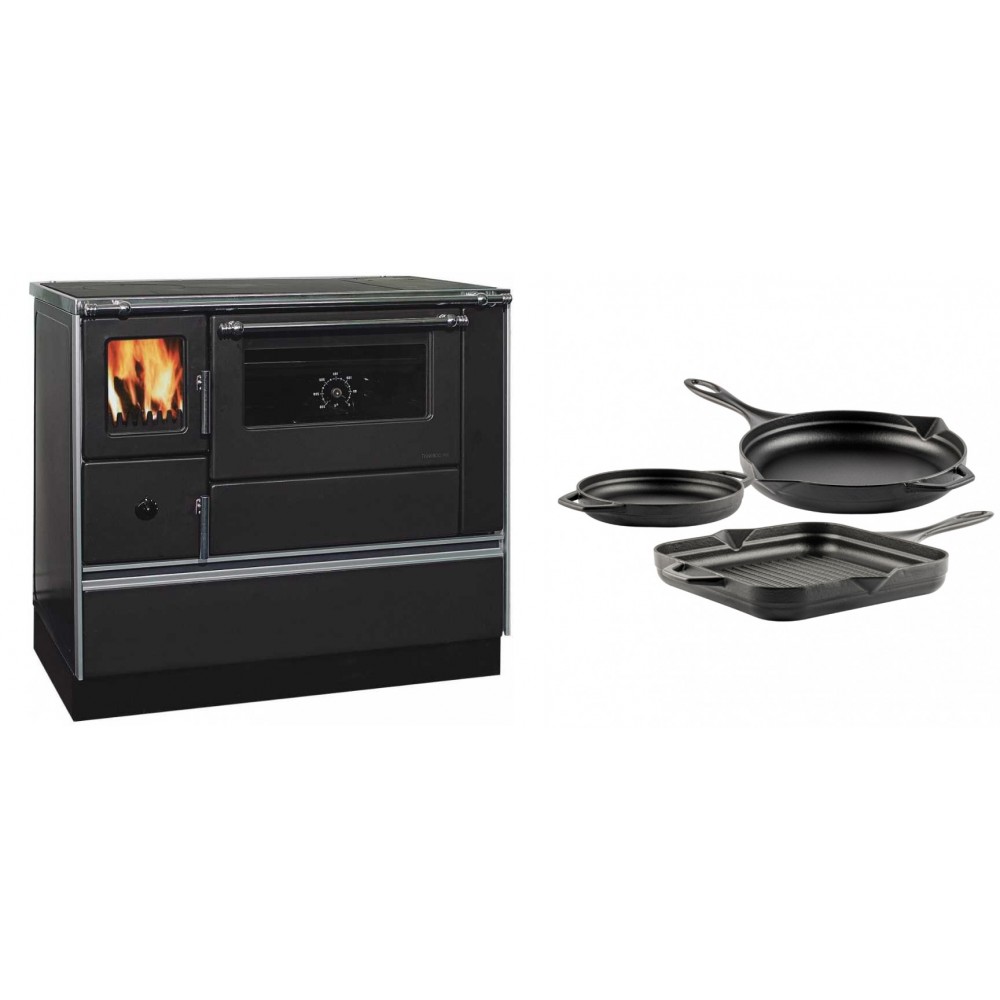 Set Küchenofen / Küchenhexe mit Backofen und Kochplatte Alfa Plam, Modell Dominant 90H, Leistung 6.5kW + Gusseisen Topf Set aus 3 teilen Solagio, Black Onyx