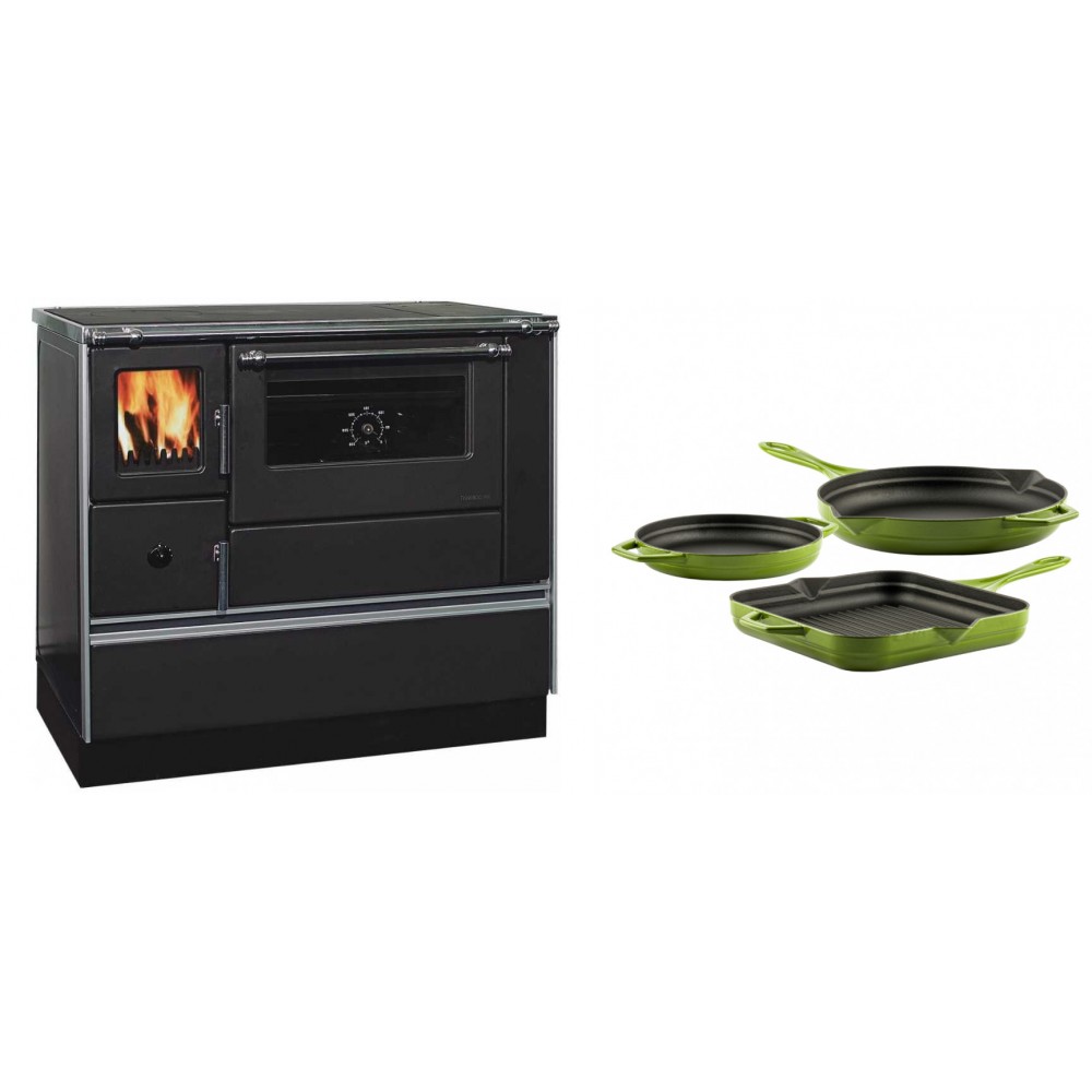 Set Küchenofen / Küchenhexe mit Backofen und Kochplatte Alfa Plam, Modell Dominant 90H, Leistung 6.5kW + Gusseisen Topf Set aus 3 teilen Solagio, Bamboo | Kaminofen - Holzofen mit Backfach | Kaminofen |