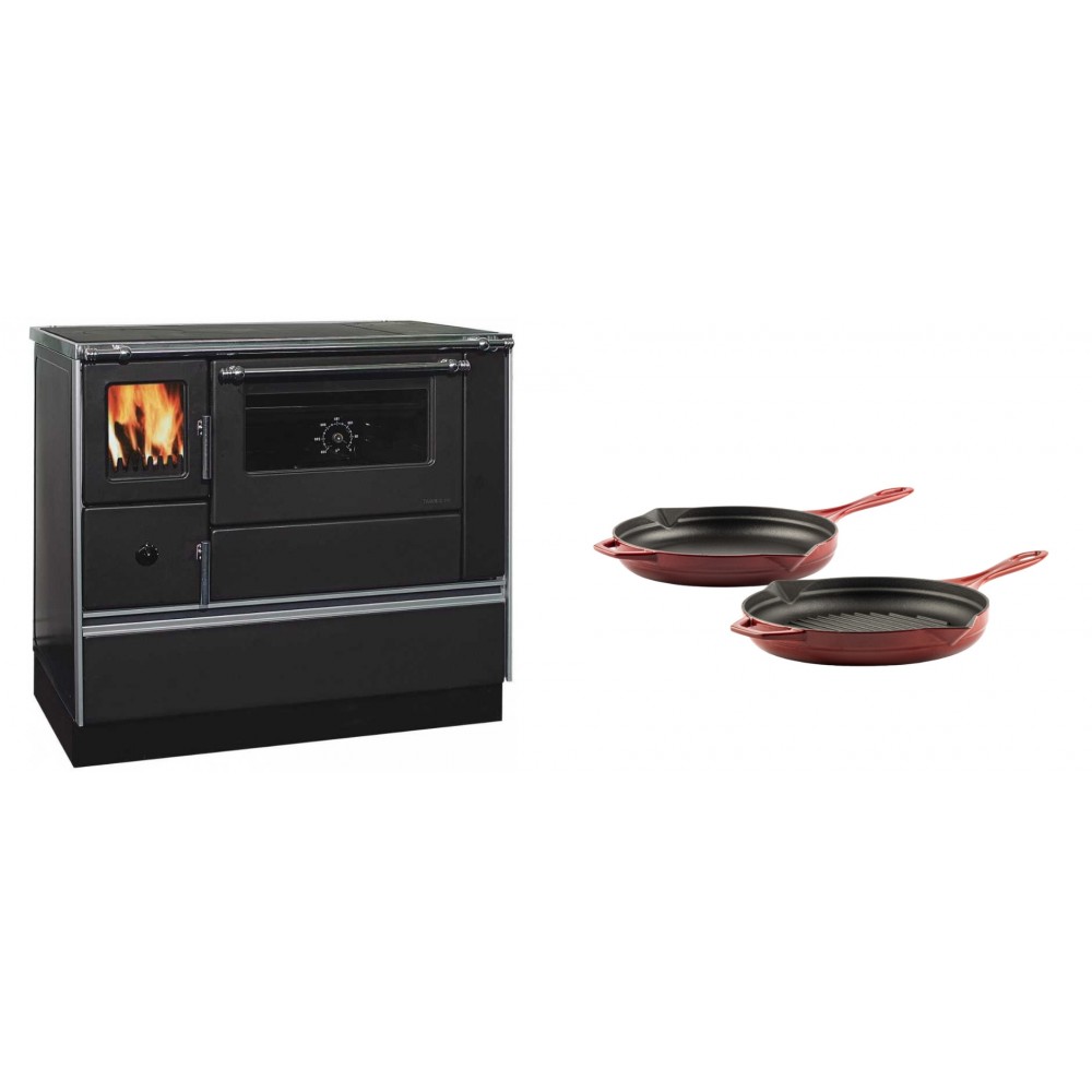 Set Küchenofen / Küchenhexe mit Backofen und Kochplatte Alfa Plam, Modell Dominant 90H, Leistung 6.5kW + Gusseisen Topf Set aus 2 teilen Solagio, Rubin