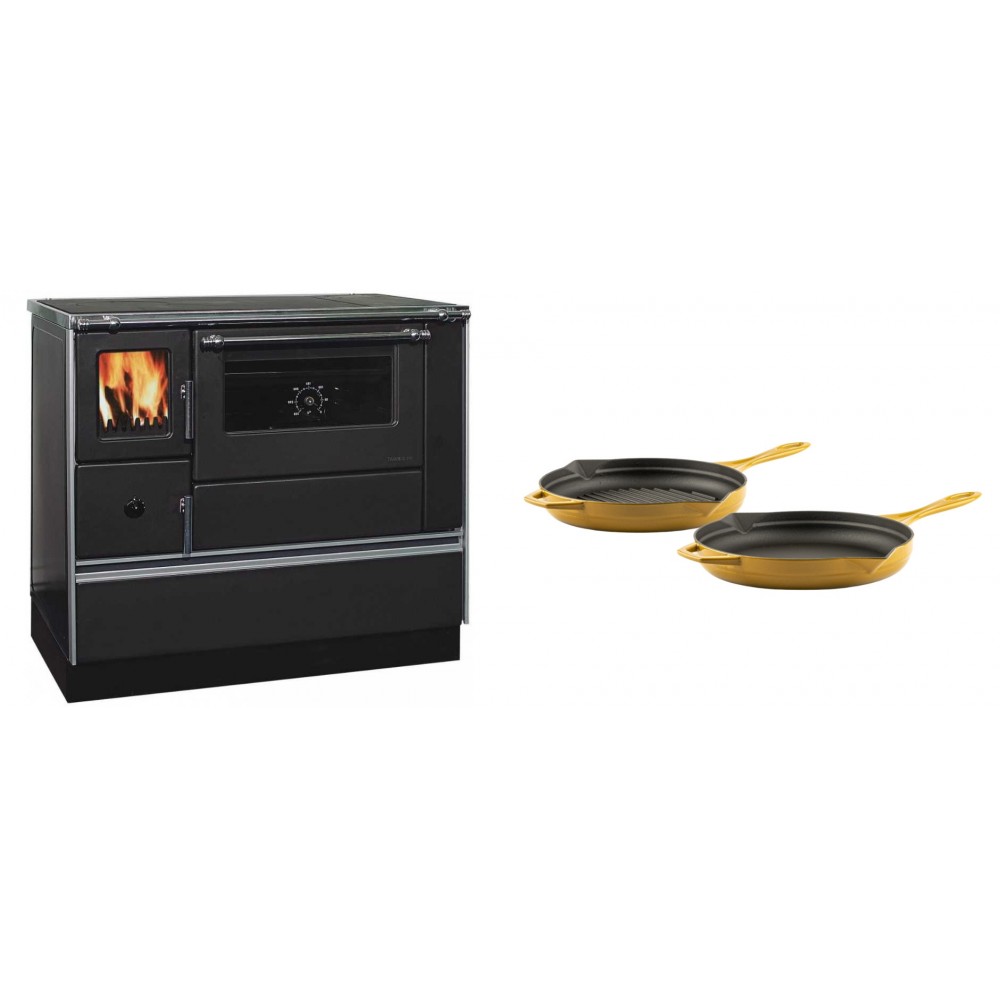 Set Küchenofen / Küchenhexe mit Backofen und Kochplatte Alfa Plam, Modell Dominant 90H, Leistung 6.5kW + Gusseisen Topf Set aus 2 teilen Solagio, Dijon | Kaminofen - Holzofen mit Backfach | Kaminofen |