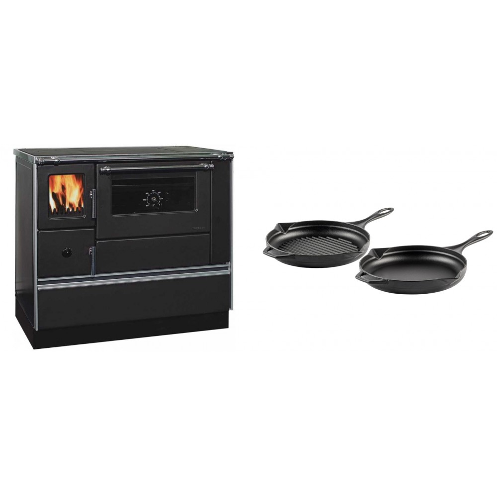 Set Küchenofen / Küchenhexe mit Backofen und Kochplatte Alfa Plam, Modell Dominant 90H, Leistung 6.5kW + Gusseisen Topf Set aus 2 teilen Solagio, Black Onyx | Kaminofen - Holzofen mit Backfach | Kaminofen |