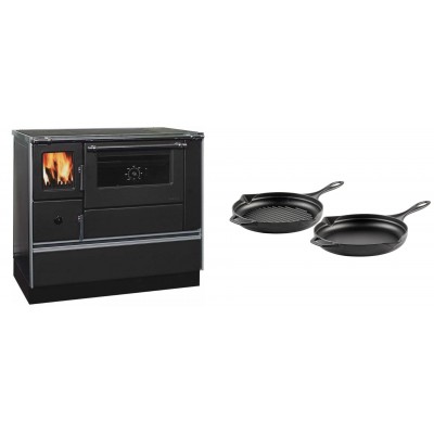 Set Küchenofen / Küchenhexe mit Backofen und Kochplatte Alfa Plam, Modell Dominant 90H, Leistung 6.5kW + Gusseisen Topf Set aus 2 teilen Solagio, Black Onyx - Kaminofen - Holzofen mit Backfach