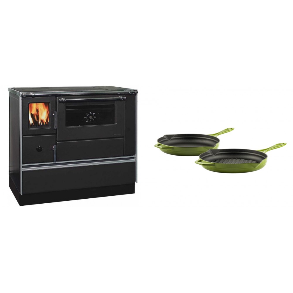 Set Küchenofen / Küchenhexe mit Backofen und Kochplatte Alfa Plam, Modell Dominant 90H, Leistung 6.5kW + Gusseisen Topf Set aus 2 teilen Solagio, Bamboo