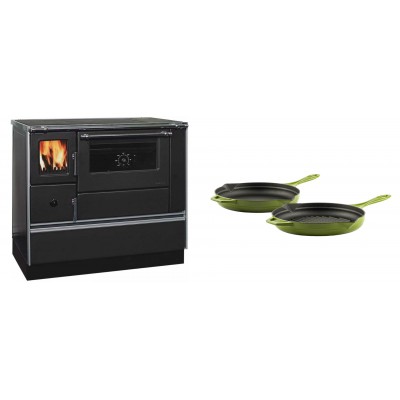 Set Küchenofen / Küchenhexe mit Backofen und Kochplatte Alfa Plam, Modell Dominant 90H, Leistung 6.5kW + Gusseisen Topf Set aus 2 teilen Solagio, Bamboo - Kaminofen - Holzofen mit Backfach