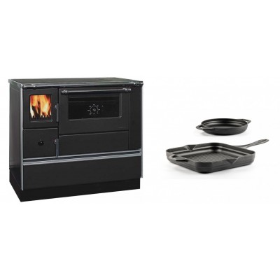 Set Küchenofen / Küchenhexe mit Backofen und Kochplatte Alfa Plam, Modell Dominant 90H, Leistung 6.5kW + Gusseisen Topf Set aus 2 teilen Solagio, Black Onyx - Kaminofen - Holzofen mit Backfach