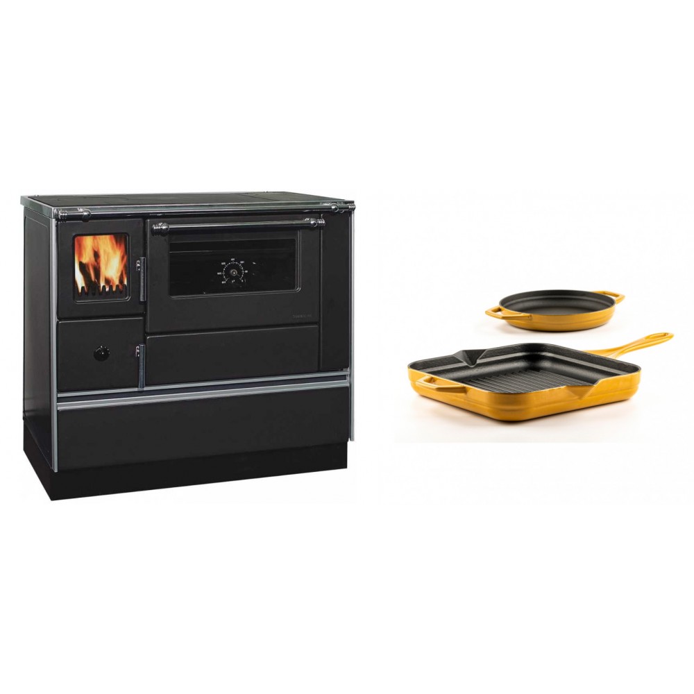 Set Küchenofen / Küchenhexe mit Backofen und Kochplatte Alfa Plam, Modell Dominant 90H, Leistung 6.5kW + Gusseisen Topf Set aus 2 teilen Solagio, Dijon