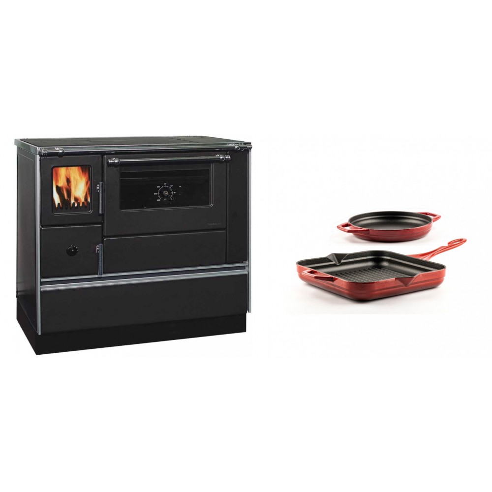 Set Küchenofen / Küchenhexe mit Backofen und Kochplatte Alfa Plam, Modell Dominant 90H, Leistung 6.5kW + Gusseisen Topf Set aus 2 teilen Solagio, Rubin