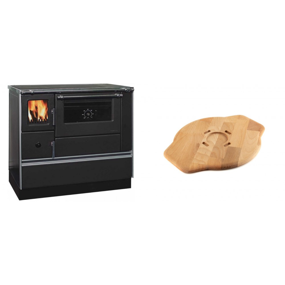 Set Küchenofen / Küchenhexe mit Backofen und Kochplatte Alfa Plam, Modell Dominant 90H, Leistung 6.5kW + Holz untersetzer für Gusseisenplatte Solagio HSYSAK28