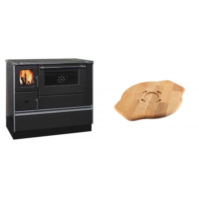 Set Küchenofen / Küchenhexe mit Backofen und Kochplatte Alfa Plam, Modell Dominant 90H, Leistung 6.5kW + Holz untersetzer für Gusseisenplatte Solagio HSYSAK28 - Kaminofen - Holzofen mit Backfach