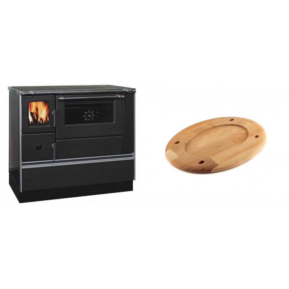 Set Küchenofen / Küchenhexe mit Backofen und Kochplatte Alfa Plam, Modell Dominant 90H, Leistung 6.5kW + Holz untersetzer für ovale platte Solagio HSOISK2533, 25x33cm