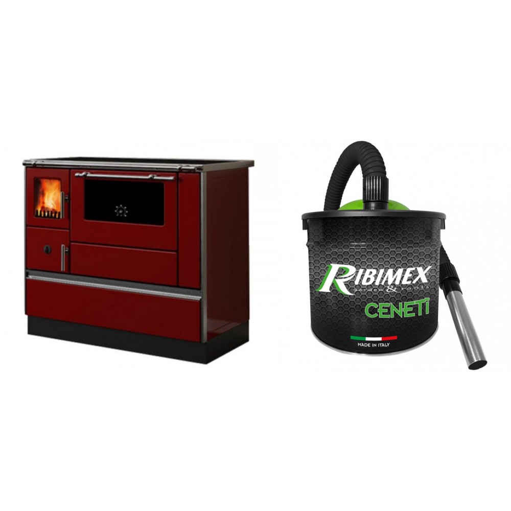 Set Küchenofen / Küchenhexe mit Backofen und Kochplatte Alfa Plam, Modell Dominant 90H Rot, Leistung 6.5kW + Elektrischer Aschesauger Ribimex, Modell Cenetì, Fassungsvermögen 15 L