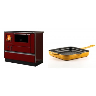 Set Küchenofen / Küchenhexe mit Backofen und Kochplatte Alfa Plam, Modell Dominant 90H Rot, Leistung 6.5kW + Emaillierte grillpfanne Gusseisen Solagio, Dijon, 28х28cm - Kaminofen - Holzofen mit Backfach