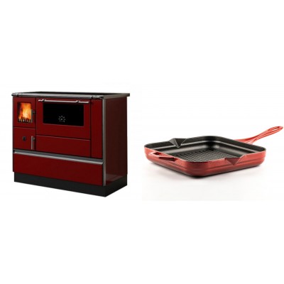 Set Küchenofen / Küchenhexe mit Backofen und Kochplatte Alfa Plam, Modell Dominant 90H Rot, Leistung 6.5kW + Emaillierte grillpfanne Gusseisen Solagio, Rubin, 28x28cm - Kaminofen - Holzofen mit Backfach